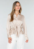 Blouse met Lange Mouwen in Beige Satijn