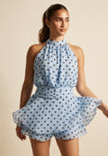 Lichtblauwe Polkadot Playsuit met Halterhals en Volantlaag