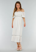 Witte Off Shoulder Maxi Jurk met Ruches en Elastische Tailleband