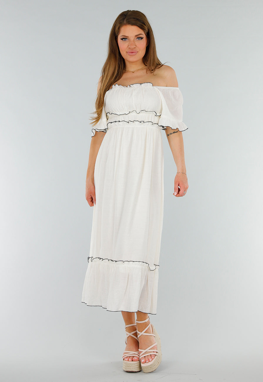 Witte Off Shoulder Maxi Jurk met Ruches en Elastische Tailleband