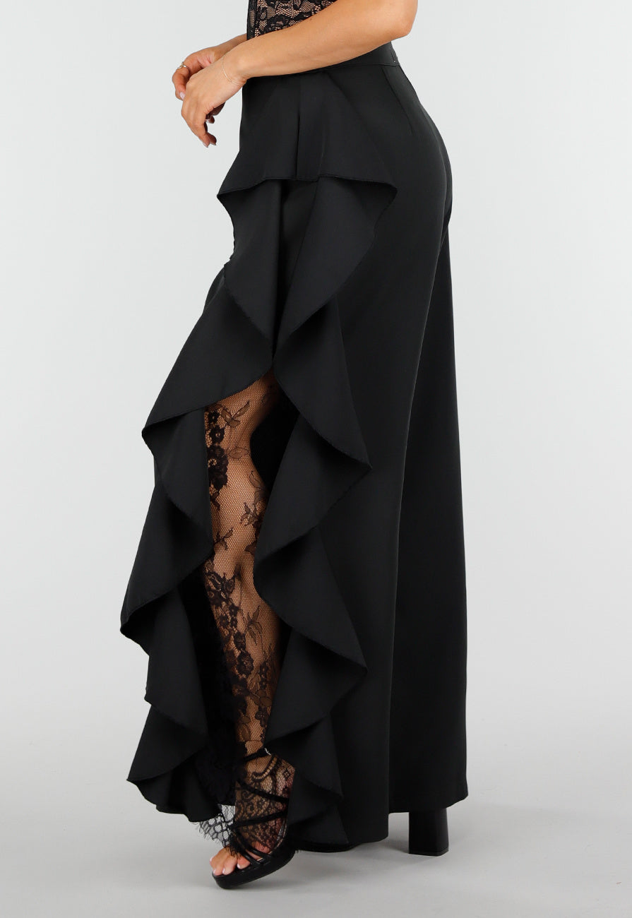 Zwarte Wide Leg Broek met Ruffle Detail en Kant Split