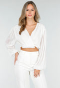 Witte Crop Blouse met V-Hals en Luchtige Mouwen