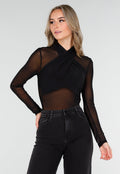Zwarte Mesh Crop Top met Kruishals en Stretch