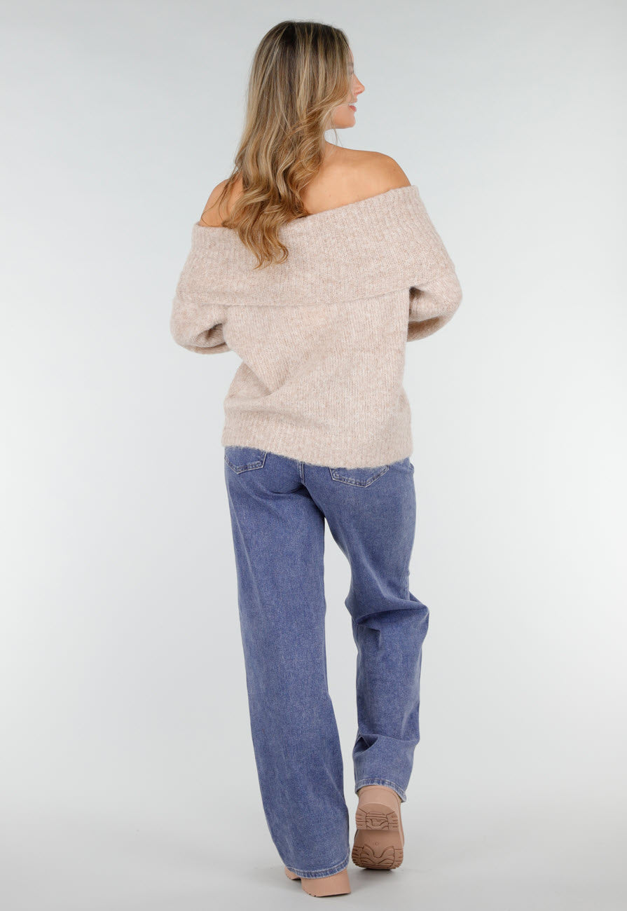Beige Off Shoulder Wollen Gebreide Trui en Losse Pasvorm
