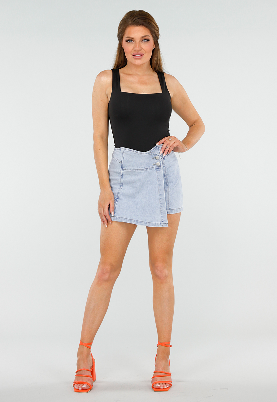 Lichtblauwe Stretch Denim Skort met Overslag en Achterzakken
