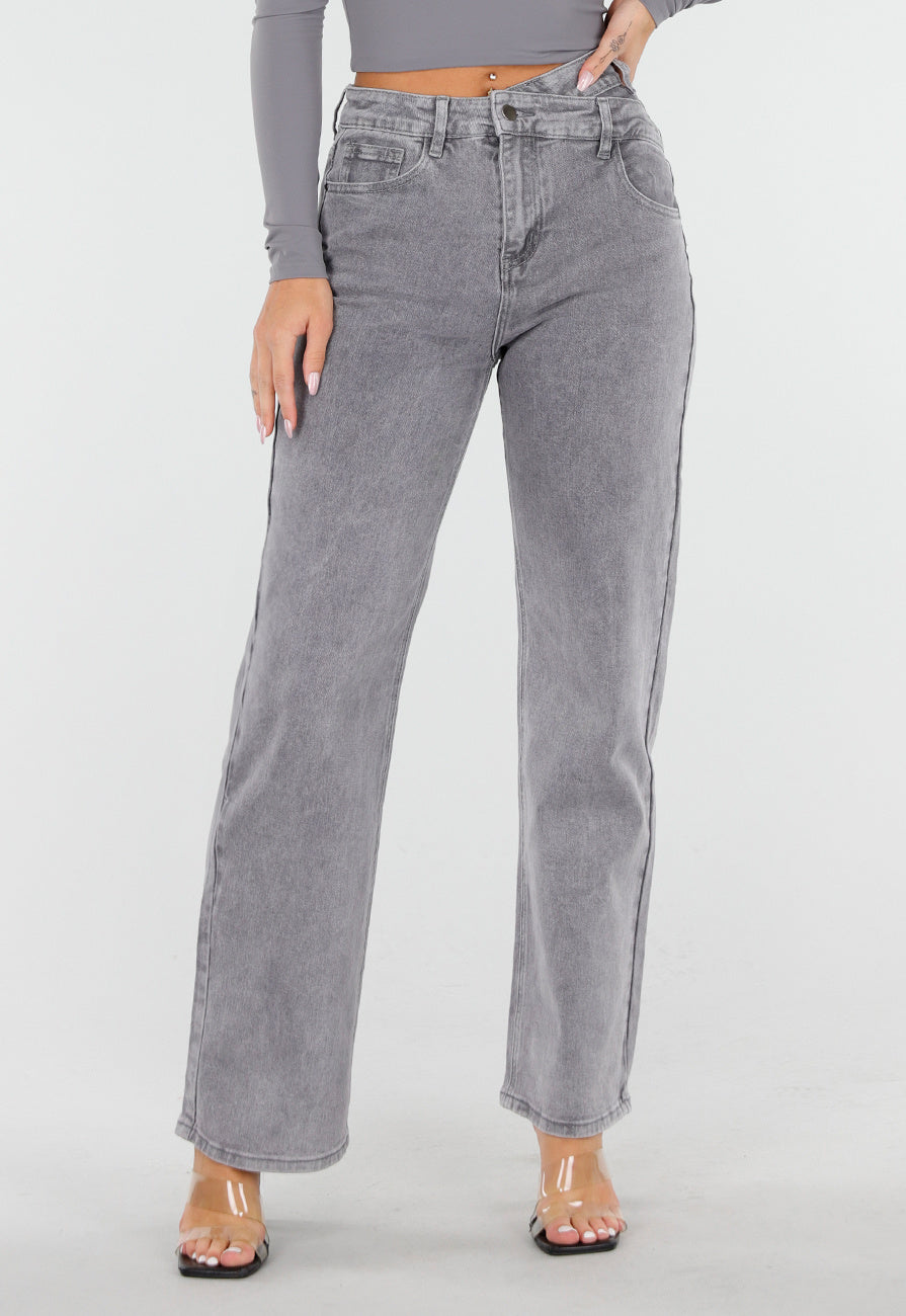 Grijze High Waist Straight Jeans met Licht Gewassen Look
