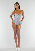 Lila Kanten Lingerie Set met Mintgroene Strikken Tule Details en Netkousen