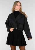 Zwarte Korte Trenchcoat met Knopen en Reverskraag