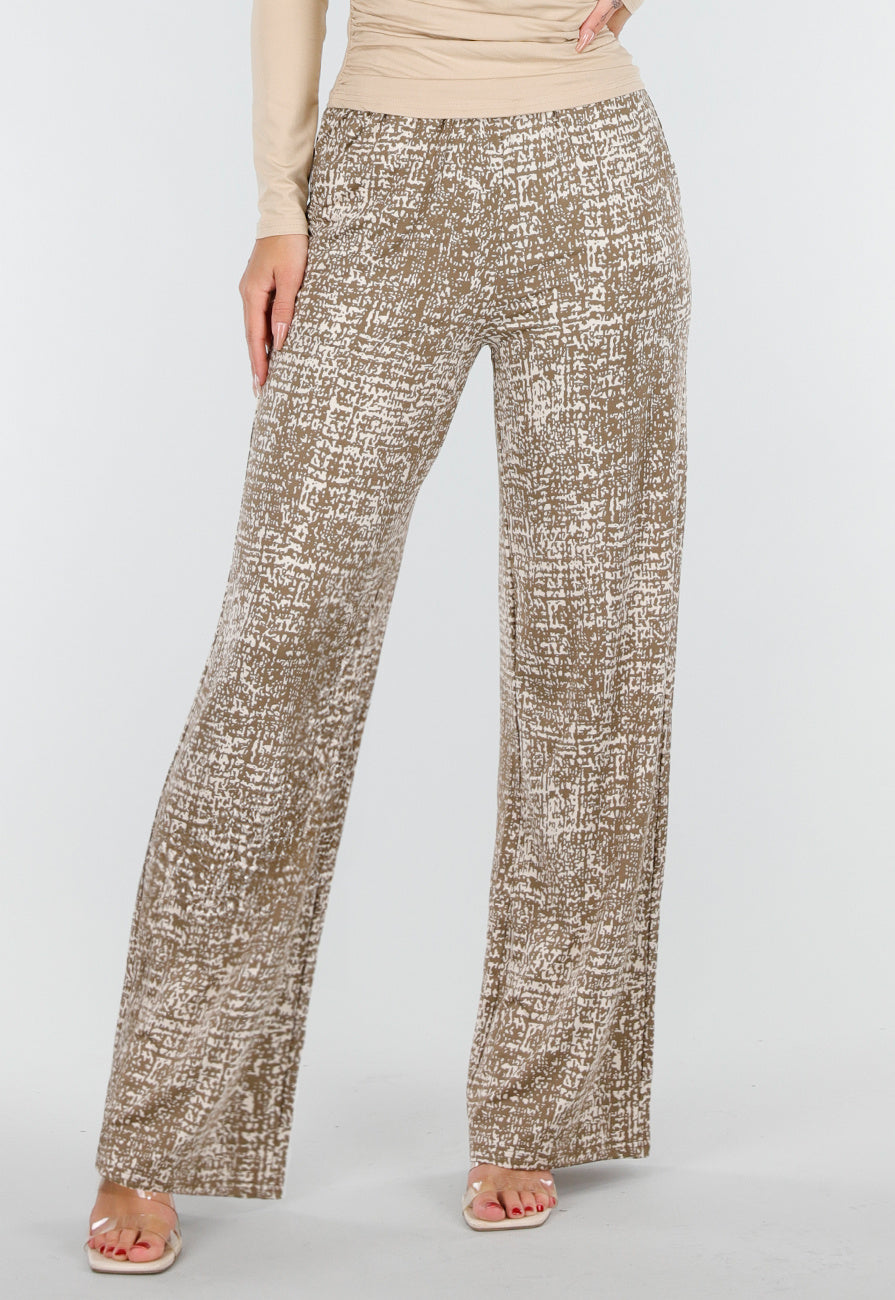 Camelkleurige Stretchbroek met All-Over Print en Rechte Pijpen
