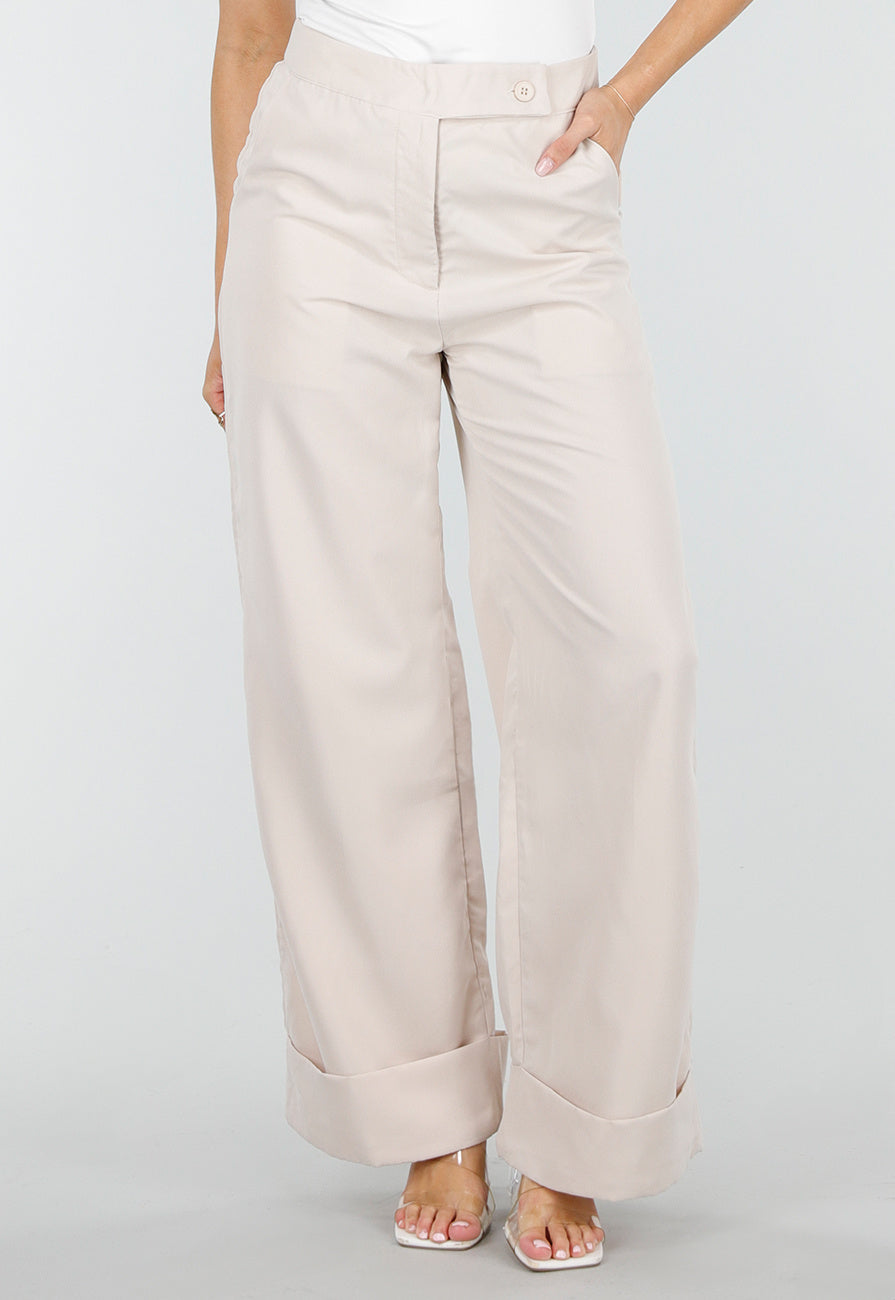 Beige Wide Leg Pantalon met Omslag en Steekzakken