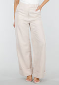 Beige Wide Leg Pantalon met Omslag en Steekzakken