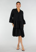 Zwarte Midi Jurk met V-Hals en Ruffle Details