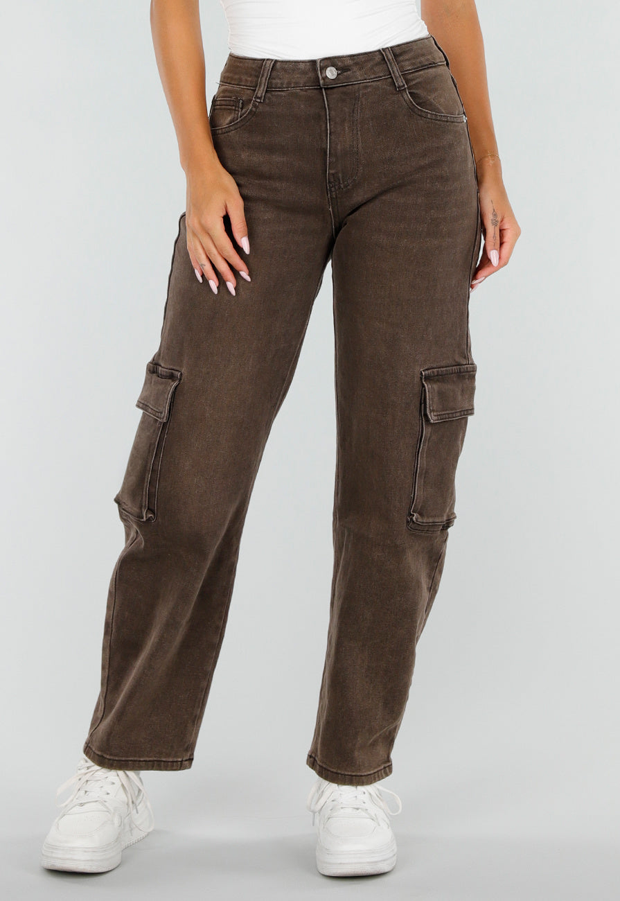 NEW020926 Bruine Denim Cargo Barrel Jeans met Zijzakken