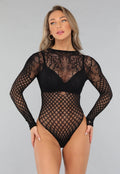 Zwarte Fishnet Bodysuit met Print
