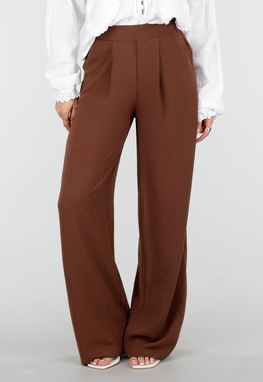 Bruine Wide Leg Broek met Elastische Taille en Plooien