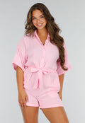 Lichtroze Katoenen Playsuit met Knoopsluiting en Tailleceintuur