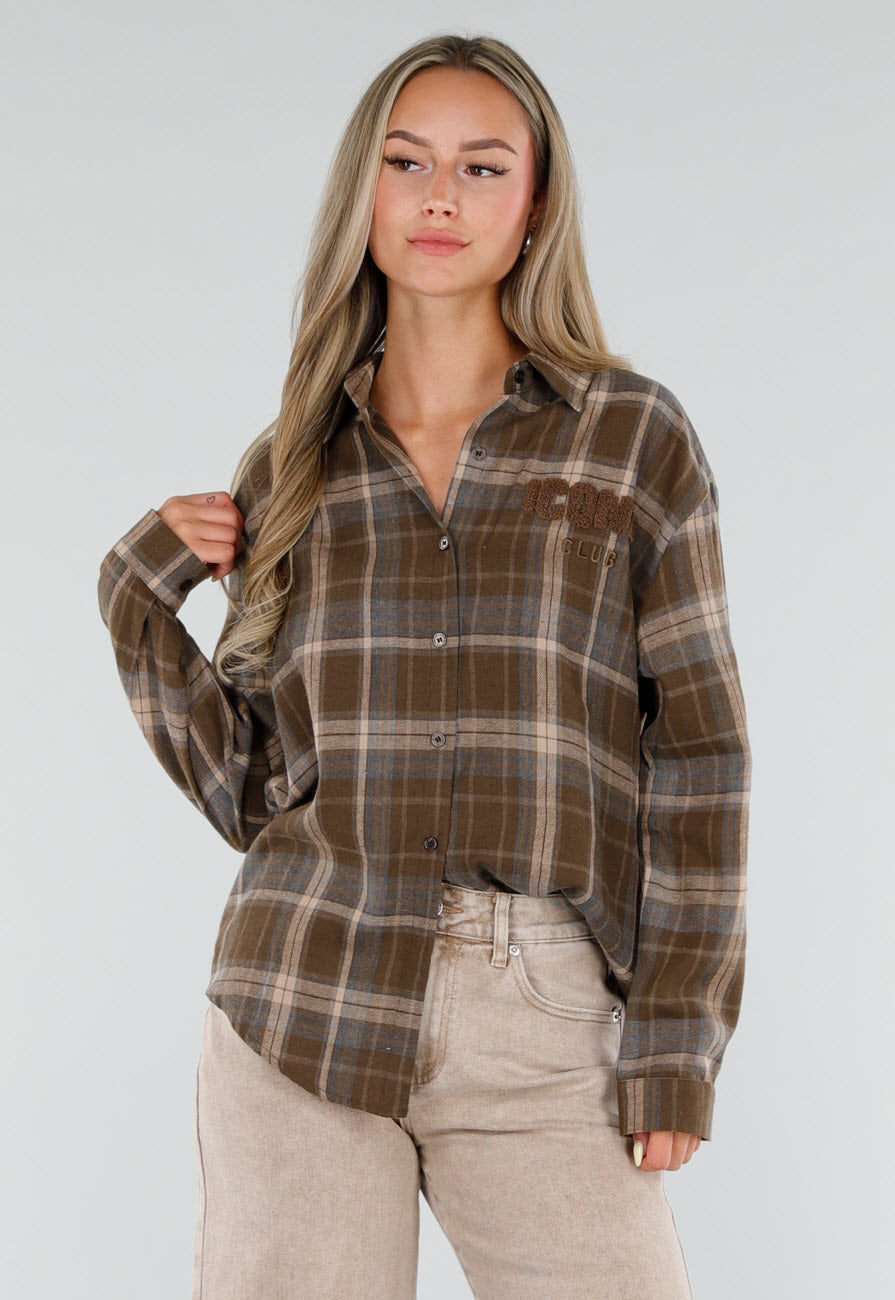 NEW120826 Bruine Geruite Blouse met Lange Mouwen en Iconic Club Tekst