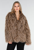 Bruine Fluffy Jas met Lange Haren en Losvallende Pasvorm