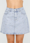 Lichtblauwe Denim Mini Rok met Studs en High Waist