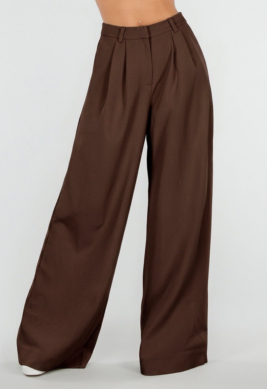 NEW190826 Bruine Tall Wide Leg Broek met Plooien