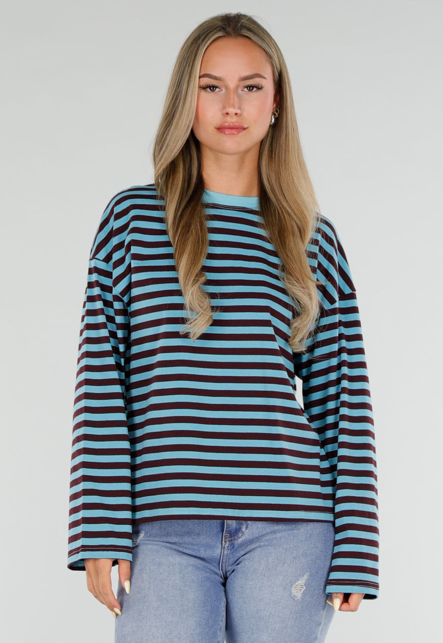 NEW120826 Blauw Bruin Gestreepte Top met Lange Mouwen en Ronde Hals