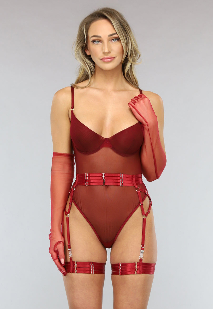 Wijnrode Doorschijnende Lingerie Set met Handschoenen
