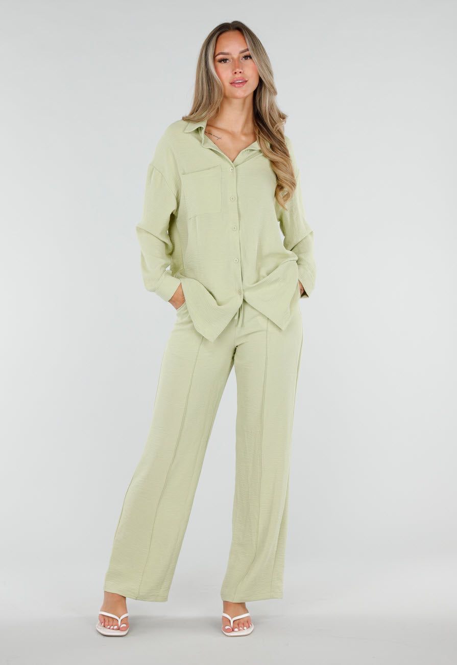 NEW120826 Pistache Wide Leg Broek met Elastische Taille en Strikkoord