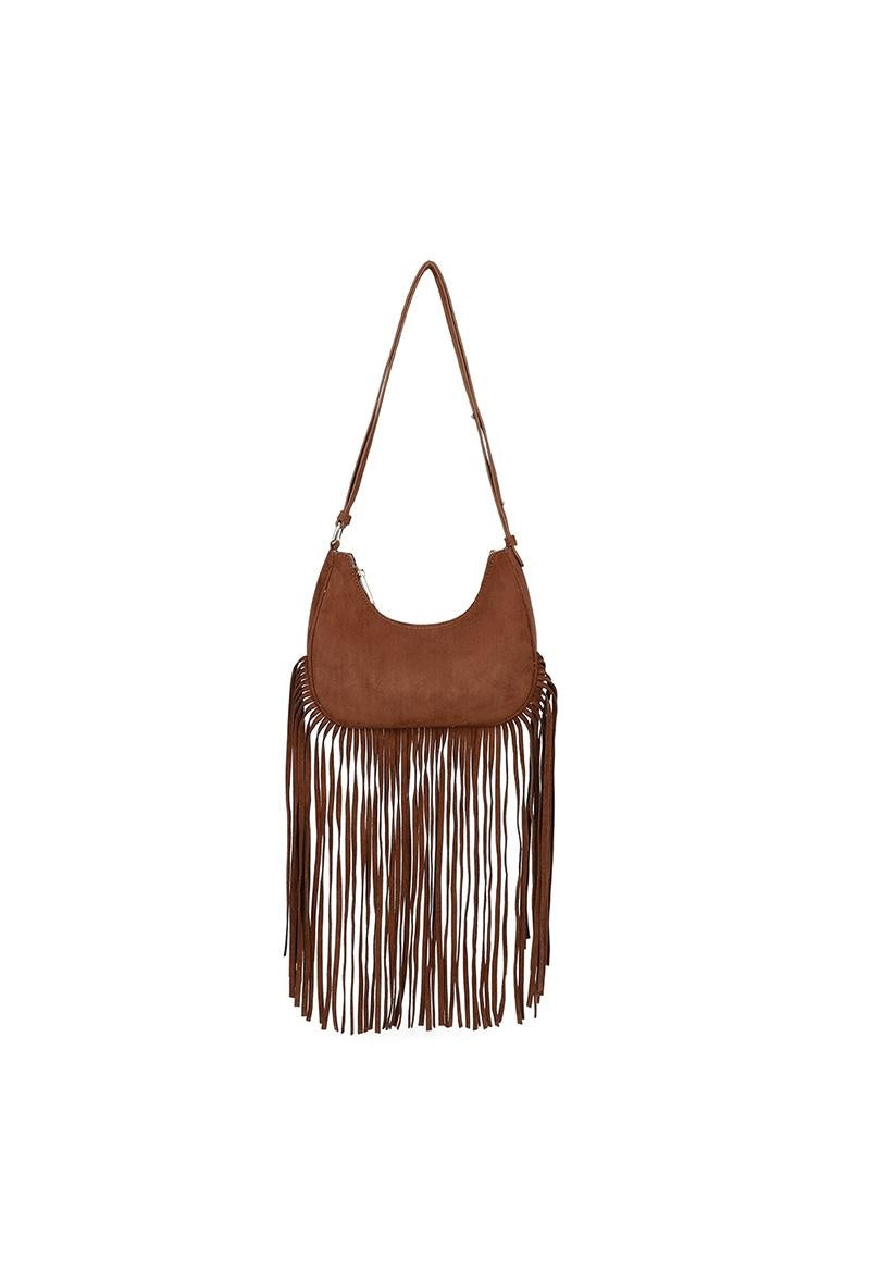 Bruine Schoudertas met Suède Look en Lange Franjes