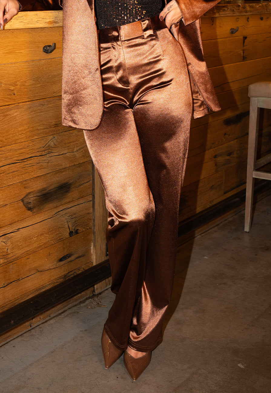 Bruine Satijnen Pantalon met Hoge Taille