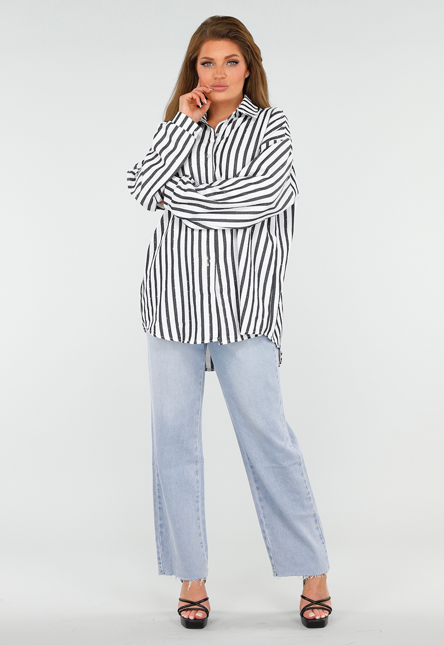 Zwart-Wit Gestreepte Blouse met Knoopsluiting, Kraag en Glittersteentjes