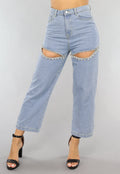Blauwe Denim Straight Leg Jeans met Strass Steentjes