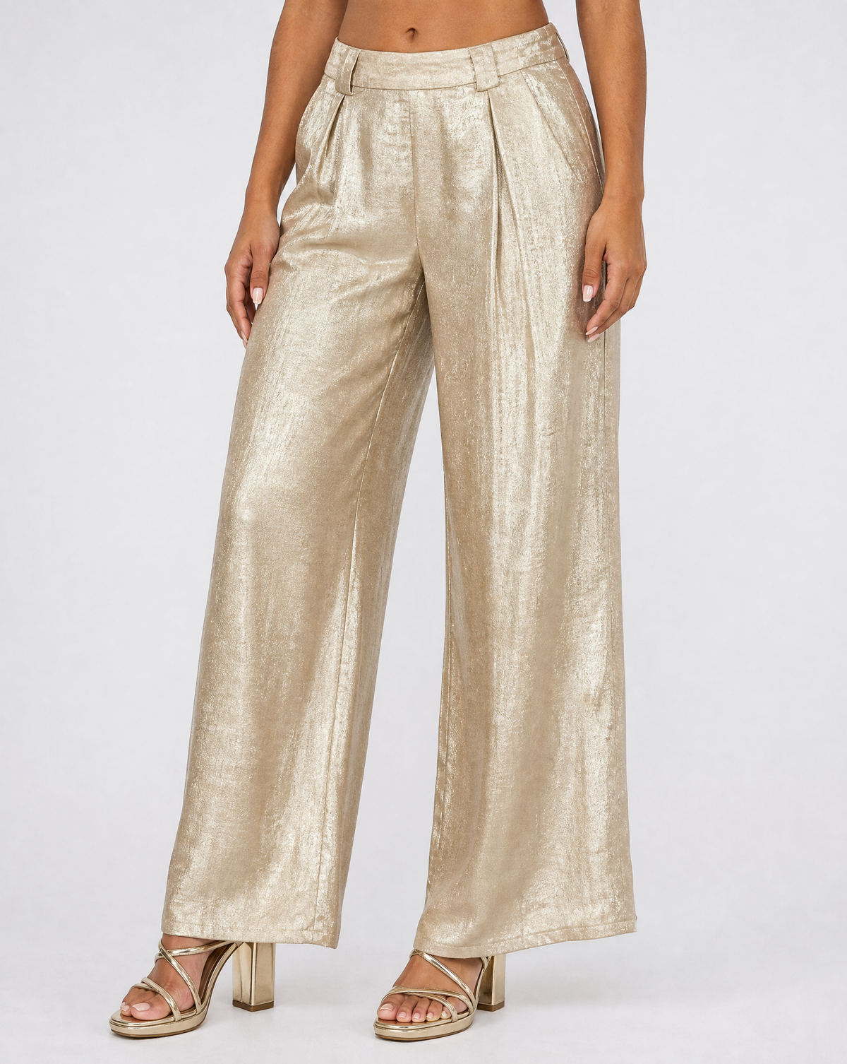 NEW010726 Gouden Wide Leg Broek met Plooien en Stretch Taille