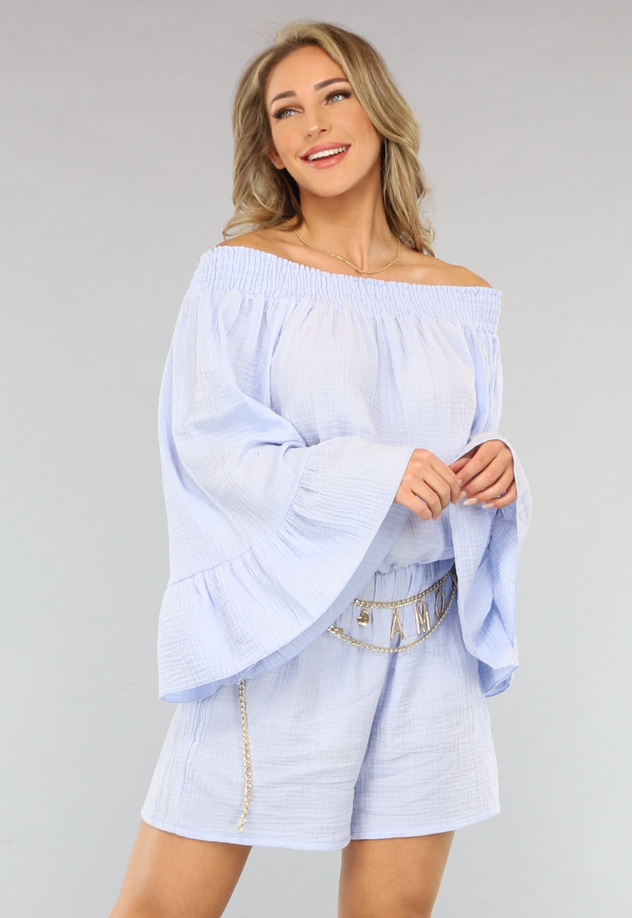 Lichtblauwe Stretch Playsuit van Mousseline Stof