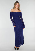 Navy Off Shoulder Maxi Glitter Jurk met Lange Mouwen