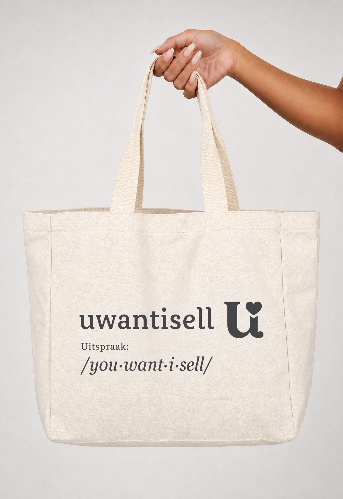 NEW010726 Uwantisell™ Crème Canvas Shopper met Dubbele Schouderhengsels en Opdruk