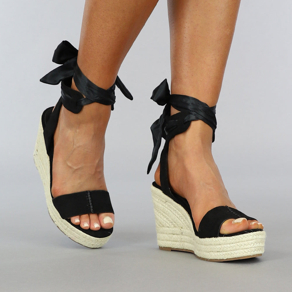 Zwarte Boho Sleehak Sandaletten met Strikdetail