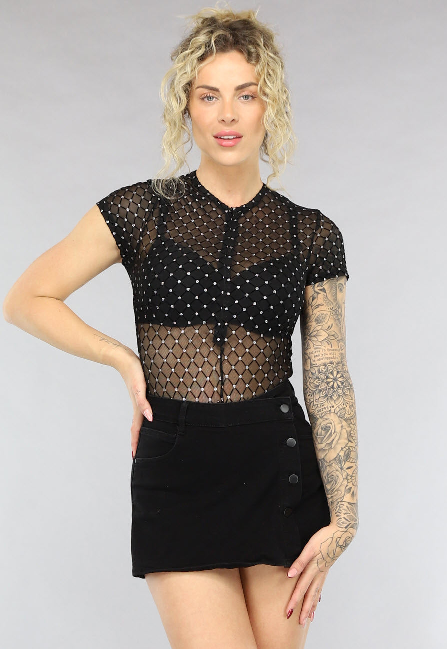 Zwarte See Through Bodysuit met Glitters