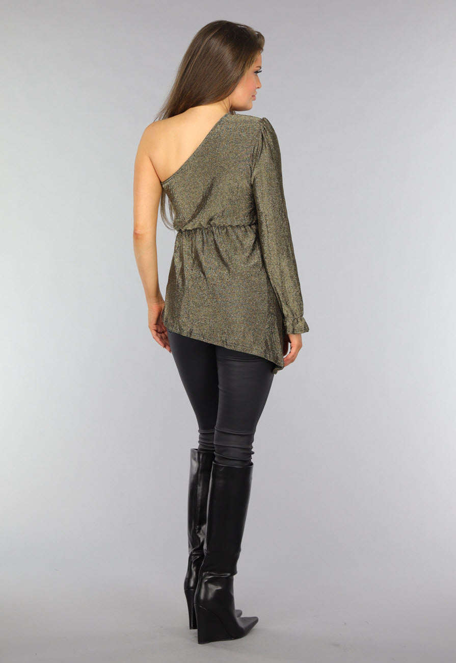 Gouden One Sleeve Glitter Top met Schoudervulling