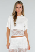NEW120826 Witte Crop Top met Korte Mouwen en Vaste Kanten Rand