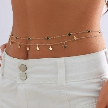 Gouden Heup Bodychain met Sterretjes en Groene Steentjes