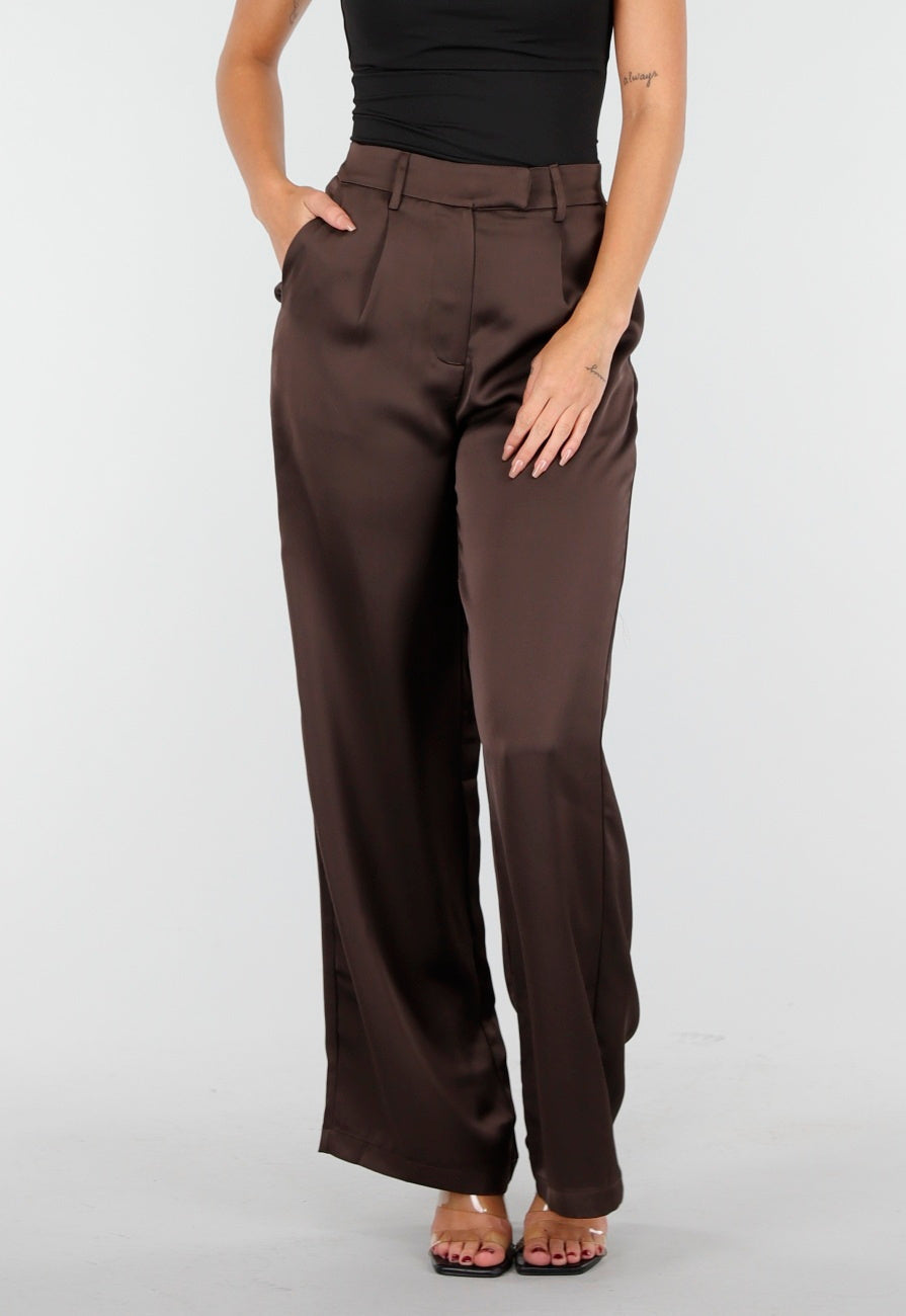 Donkerbruine Satijnlook Wide Leg Broek met Hoge Taille