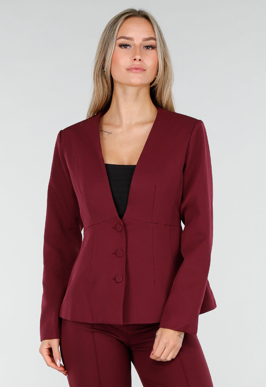 Bordeauxrode Blazer met Diepe Halslijn en Getailleerde Pasvorm