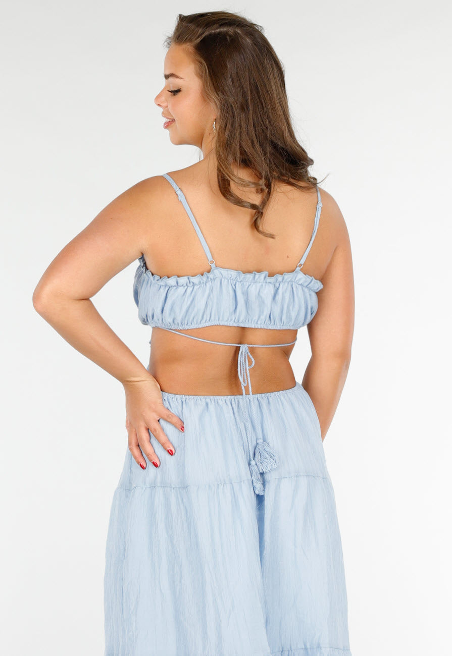 Lichtblauwe Maxi Jurk met Spaghettibandjes en Rimpeldetails