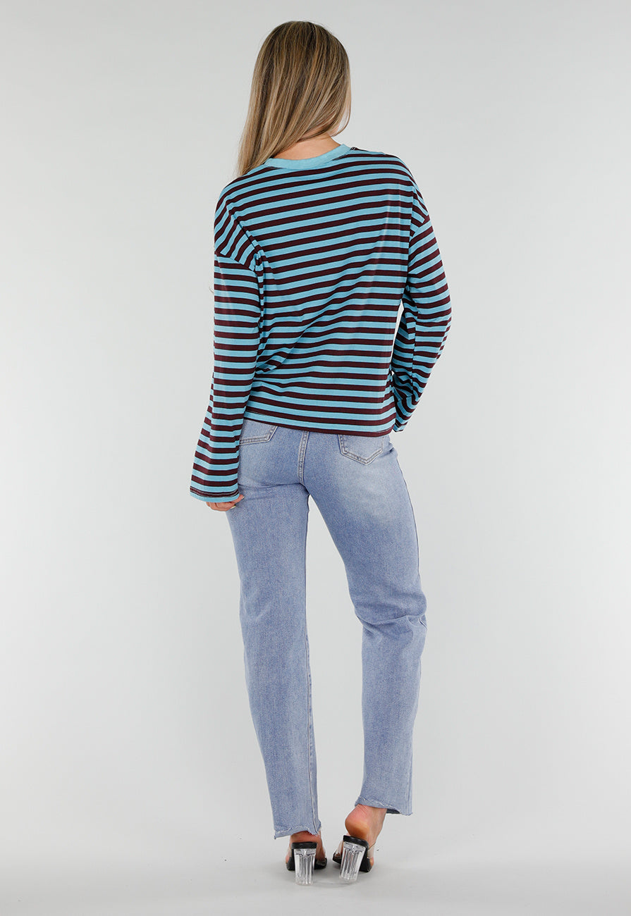 NEW120826 Blauw Bruin Gestreepte Top met Lange Mouwen en Ronde Hals