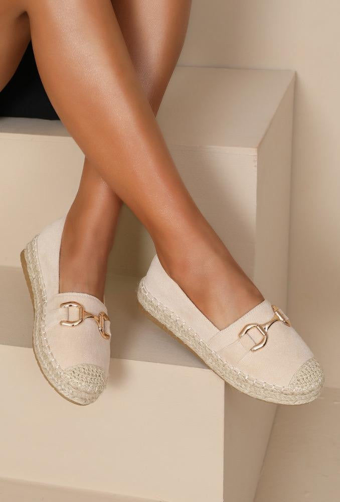 Beige Instappers van Suèdelook met Touwzool en Gouden Bit-sluiting
