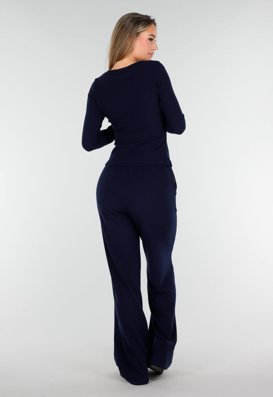 Donkerblauwe Zachte Stretch Top met Ronde Hals en Lange Mouwen