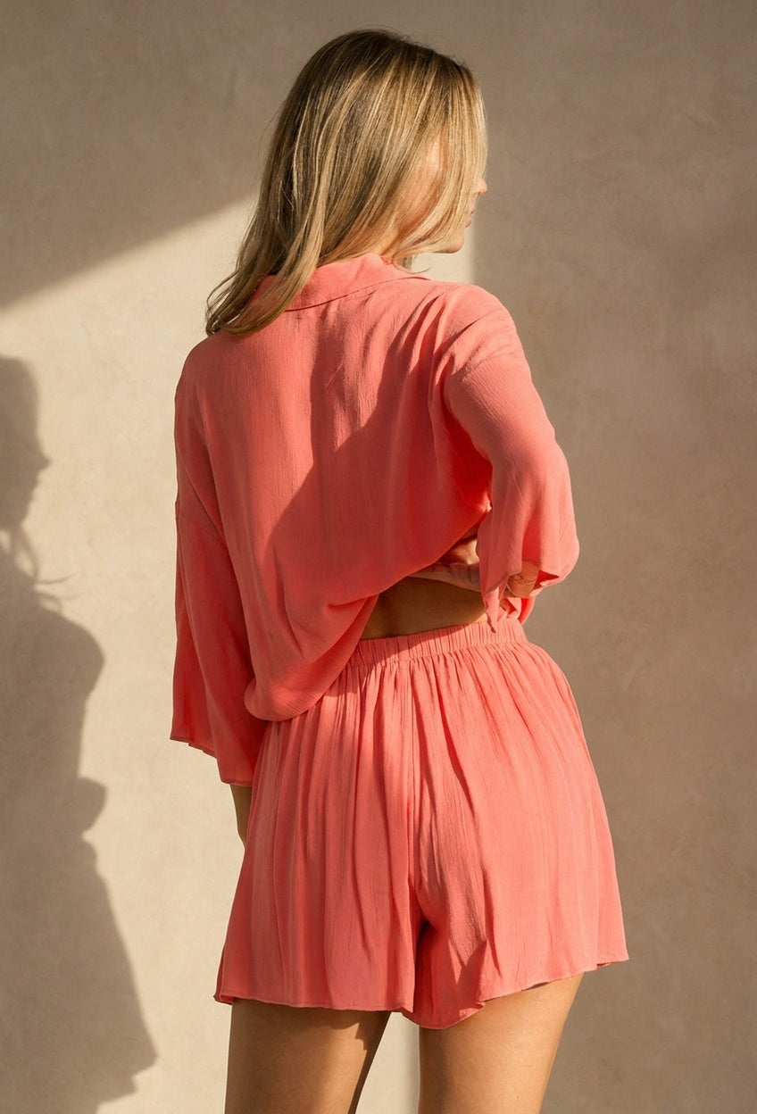 NEW080726 Koraal Matchende Set met Blouse, Shorts en Elastische Taille