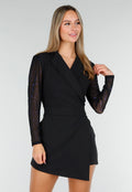 Zwarte Stretch Blazer Playsuit met Glitter Mesh Mouwen