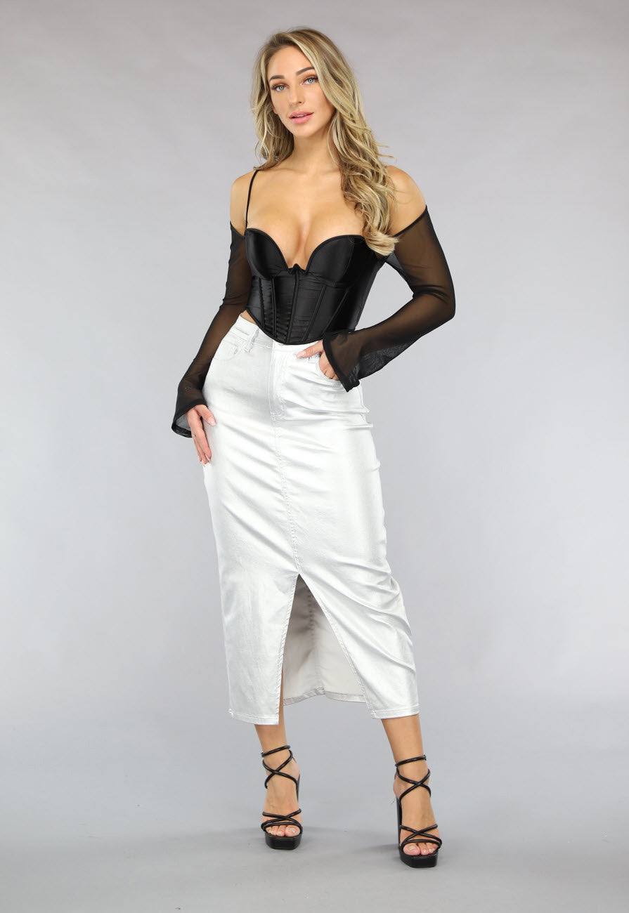 Redial Jeans Zilveren Metallic Midi Rok met Split
