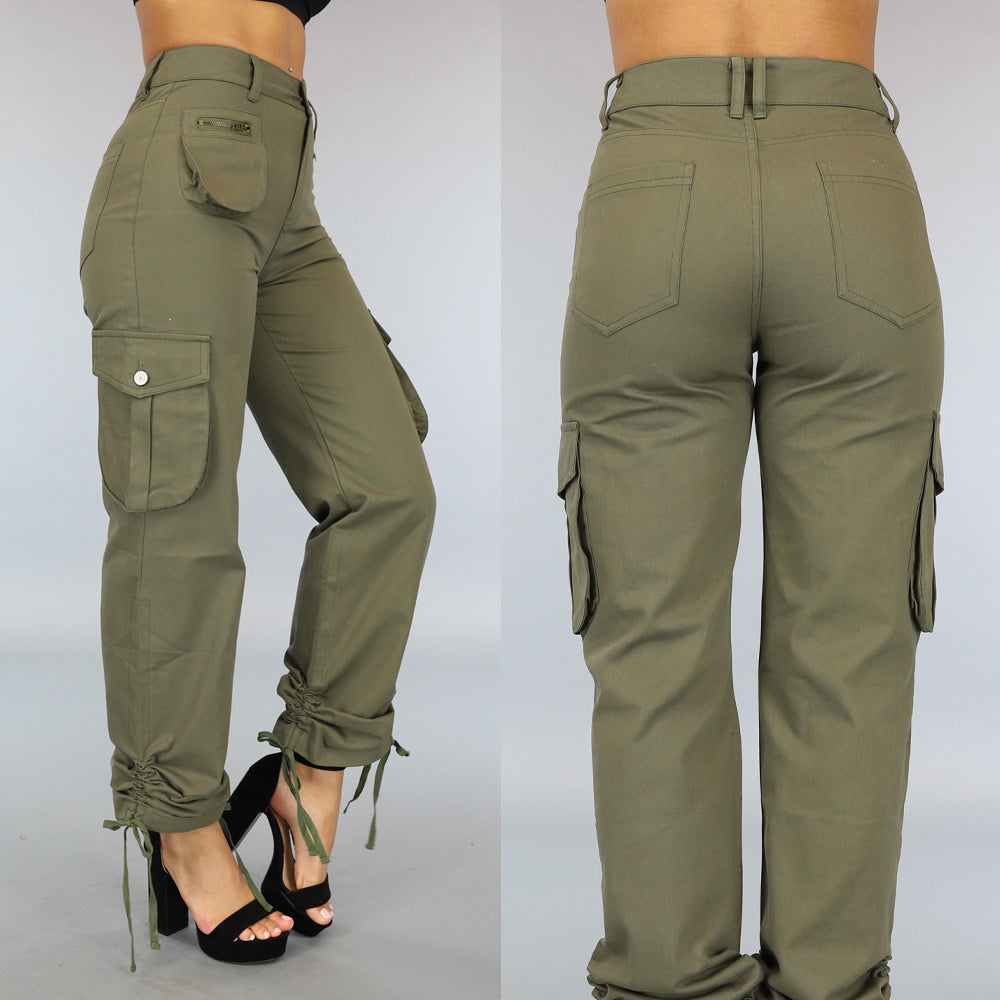 Tall Legergroene Straight Leg Cargo met Veter Details